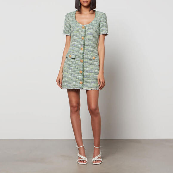 Self-Portrait Green Bouclé Tweed Mini Dress Short Sleeve Button Front Sz 10 NWT - Picture 1 of 12